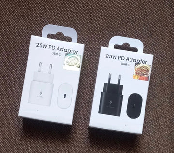 samsung 25W super fast charging type C adopter in black and white colour